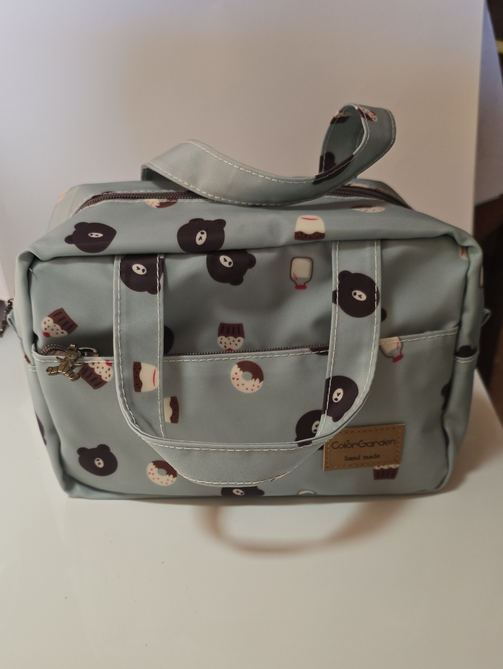 Cute Bear And Donut Print Travel Lunch Tote Bag - Mint
